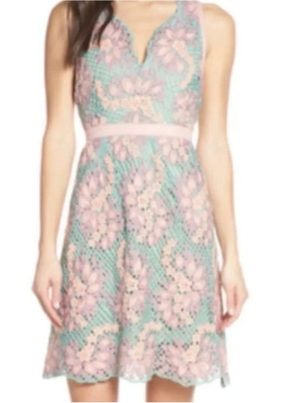 foxiedox Mint Lace Fit-and-Flare Dress with Pink Floral Overlay